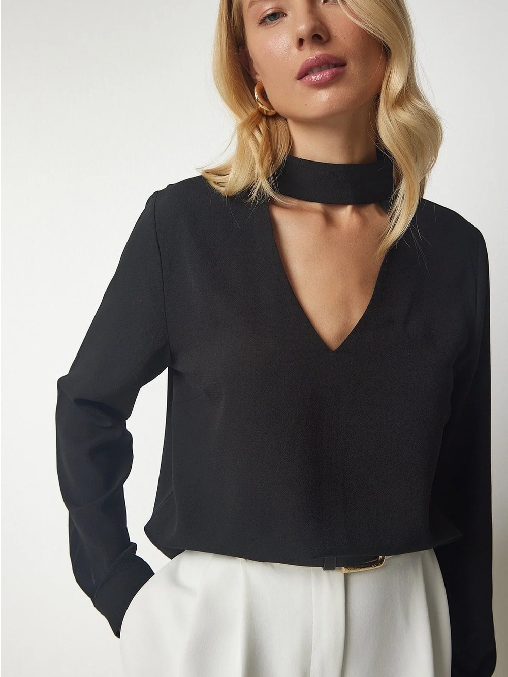 H&M Black V-Neck Choker Blouse